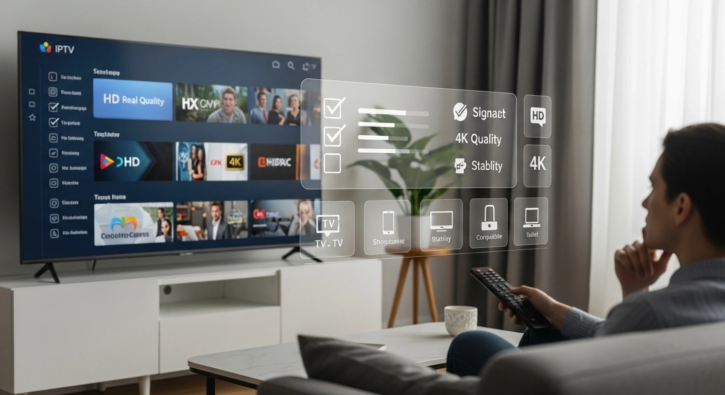 Illustration montrant comment choisir le meilleur abonnement IPTV avec une Smart TV, une interface de streaming HD et des critères de qualité et de stabilité
